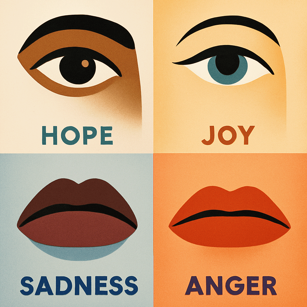 Stylized graphic divided into four squares, each showing a different facial feature and emotion: an eye labeled 'Hope', another eye labeled 'Joy', lips labeled 'Sadness', and lips labeled 'Anger'.
