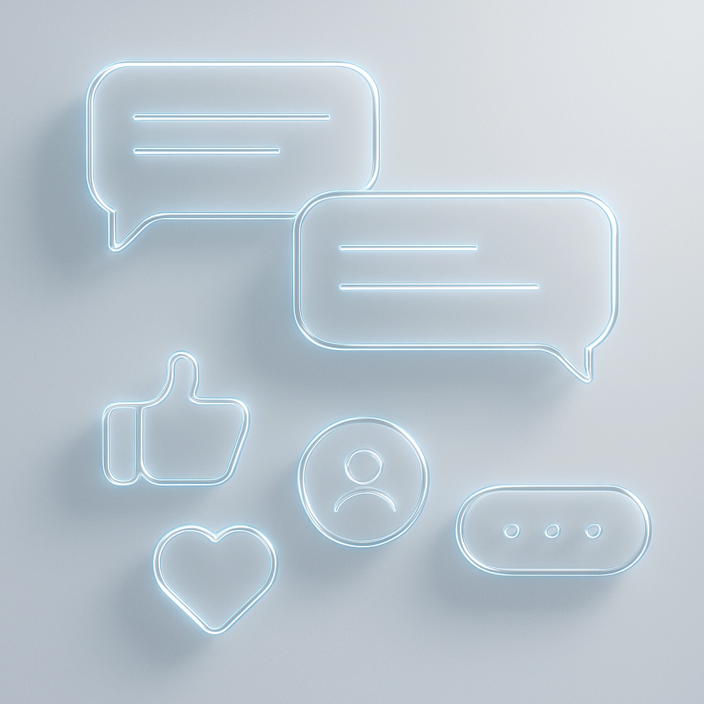 Minimalist neon-style icons on a light background, including speech bubbles, a thumbs up, a user profile, a heart, and an ellipsis for comments or typing.