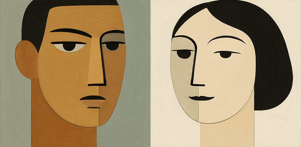 Abstract illustration of a man and a woman with geometric features in neutral tones.